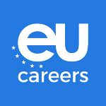 Logo 'EU Careers': Weiße Schrift auf blauem Hintergrund mit Sternen-Motiv.
